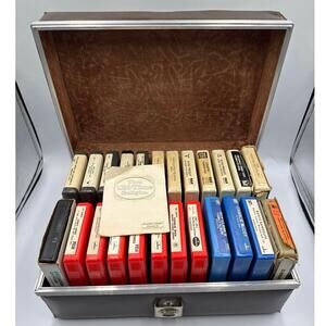 Vintage 8 Track Tape Lot of 24 MCM Carrying Case 60s-70s Country Gospel Rock Pop